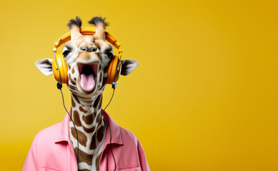 Cute giraffe listening to music on large headphones, enjoying music. Banner with empty copy space at side. Generative AI  - obrazy, fototapety, plakaty