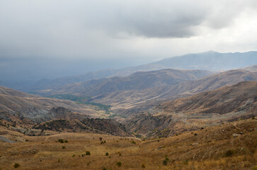 Beautiful view to valley and mountains from Vardenyats (or Selim) mountain pass in Armenia 