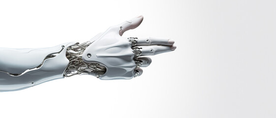 Cyborg hand finger pointing, technology of artificial intelligence. Steel futuristic arm, type of bionic arm with similar functions to a human arm isolated on white. with copy space, digital ai