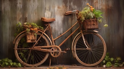 Fototapeta na wymiar A Rusty Bike with a Basket Full of Iris and Ivy