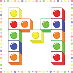 blocks Alphabet English letter M blocks in coloring stroke with colorful circles modern style drawing