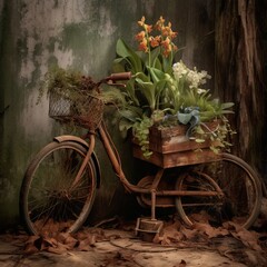 Fototapeta na wymiar A Rusty Bike with a Basket Full of Iris and Ivy