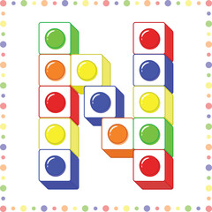 blocks Alphabet English letter N blocks in coloring stroke with colorful circles modern style drawing