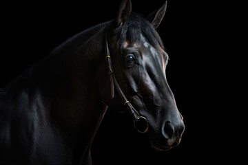 Fototapeta na wymiar Portrait of beautiful spellbinding black horse. Generative AI