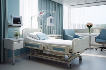 Recovery room with bed and comfortable medical equipped in a hospital. Generative AI
