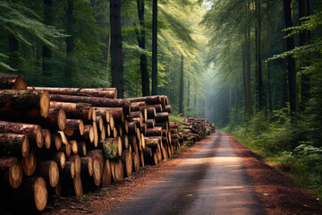Log trunks pile, the logging timber wood industry. Cut trees along a road. Generative AI - obrazy, fototapety, plakaty