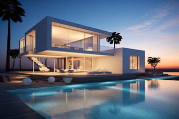 Fototapeta na wymiar Exterior of modern minimalist cubic villa with swimming pool at sunset | Generative AI