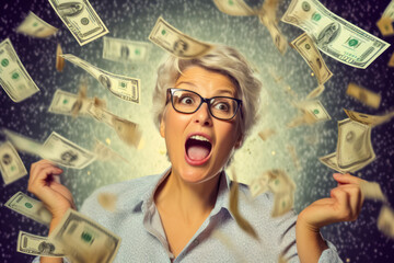 Winning a lottery concept. Smiling woman with gray hair, happy expression, mouth open of excitement - money banknotes flying in air around. Generative AI