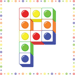 blocks Alphabet English letter P blocks in coloring stroke with colorful circles modern style drawing