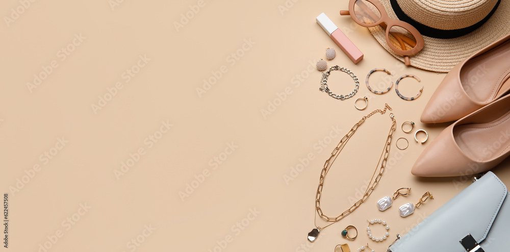 Wall mural set of stylish female accessories on beige background with space for text - Wall murals
