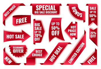 Big hot sale deal up to red labels. Free best choice new bonus price tag. Clearance ribbon market promotional banner. Discount shop badge. Limited edition note sticker. Corner mark design element