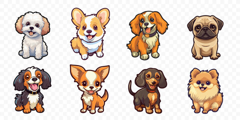 Small breed dogs stickers. Chihuahua, french Bulldog, Cavalier King Charles Spaniel, Welsh Corgi, Papillon dog portrait. Very cute generative ai illustration of toy dog. - 622457971