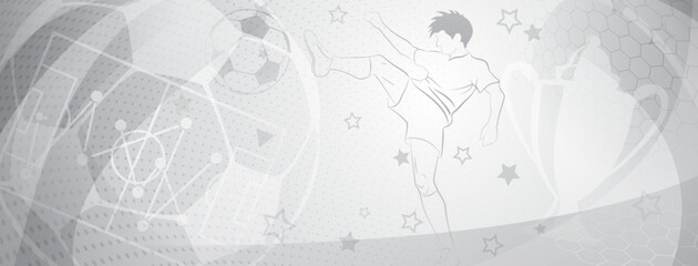 Abstract soccer background with a football player kicking the ball and other sport symbols in gray colors