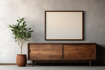 Wooden rustic cabinet near wall with blank poster frame with copy space. Interior design of modern living room | Generative AI