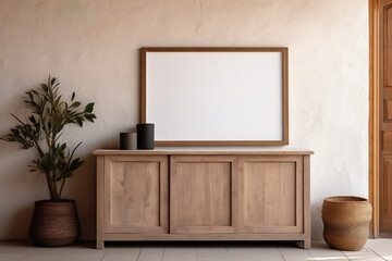 Wooden rustic cabinet near wall with blank poster frame with copy space. Interior design of modern living room | Generative AI