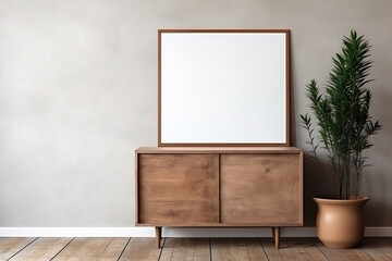 Wooden rustic cabinet near wall with blank poster frame with copy space. Interior design of modern living room | Generative AI