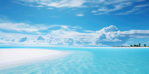 Fototapeta na wymiar Karibischer heller Sand Strand mit hellblau türkisen Meer und blauen Himmel mit Wolken - Mit Platz für Text oder Produkt