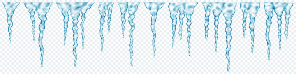 Groups of translucent light blue realistic icicles of different lengths, connected at the top, isolated on transparent background. Transparency only in vector format