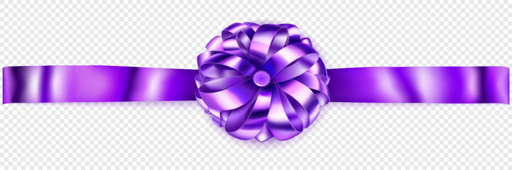 Beautiful purple shiny bow with horizontal ribbon with shadow on transparent background