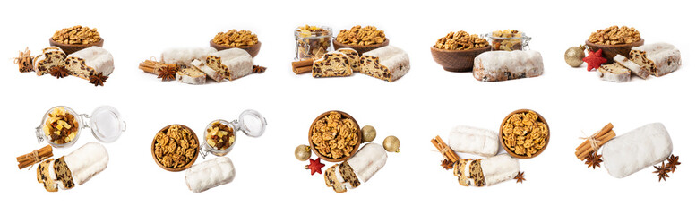 Christmas stollen. Christmas cake isolated on white background.Traditional Christmas festive pastry dessert. Stollen for Christmas. Design. Collage