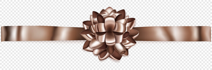Beautiful bronze shiny bow with horizontal ribbon with shadow on transparent background