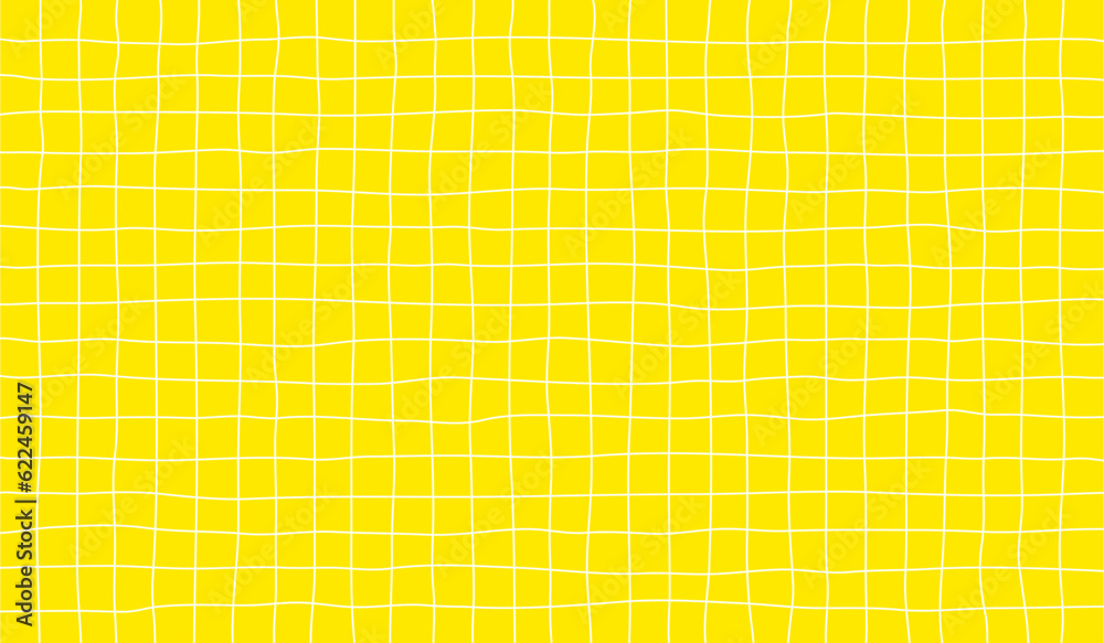 Poster Distorted Background with White Cage on Yellow. Abstract Psychedelic Pattern with Wavy Doodle Stripes. Vector Groovy Y2K Checker Texture