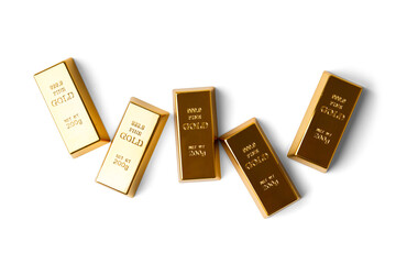 Gold bars isolated on white background top view.