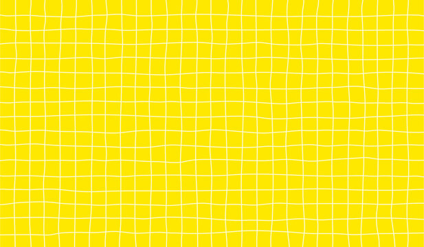 Distorted Background with White Cage on Yellow. Abstract Psychedelic Pattern with Wavy Doodle Stripes. Vector Groovy Y2K Checker Texture