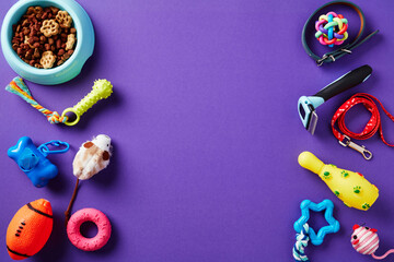 Fototapeta na wymiar Double border frame of different pet toys and accessories on purple background. Flat lay, top view.