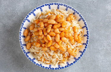 Traditional Turkish cuisine. Kuru Fasulye . Haricot Beans, rice and beans (Turkish name; pilav ustu kuru fasulye)