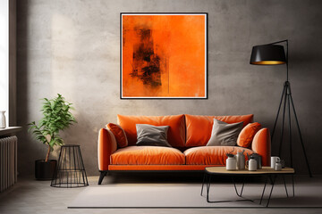 Vivid orange sofa and art poster on stucco wall. Interior design of modern loft living room | Generative AI