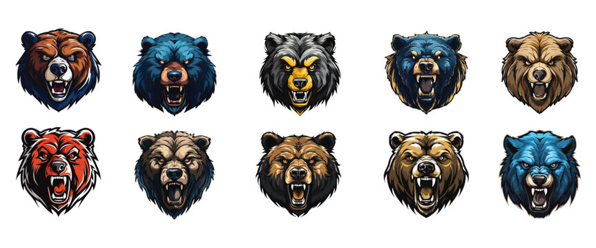 Set of Bear mascot logo, Esports gaming emblem of different variations of Bear, Sports Team emblem, Bear logo collection, Animal Logo set for team, Bear face or bear head logo, tshirt print design