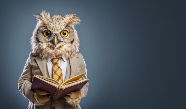 Funny looking owl in smart suit, tie, reading a book. Wise professor or teacher concept. Copy space on side. Generative AI