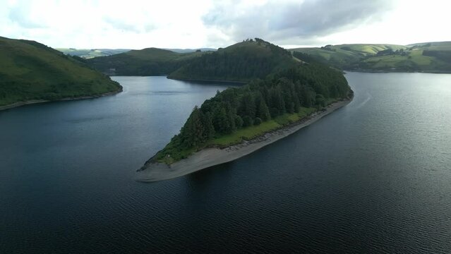 Clywedog Reservoir Peninsula Circled by Drone