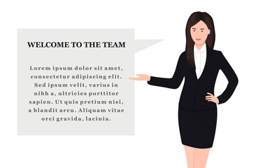 Standing woman in suit with welcome gesture. Welcome to the team. Flat illustration of a business woman. Concept of welcoming or meeting a new partner, employee, client. Cartoon flat vector