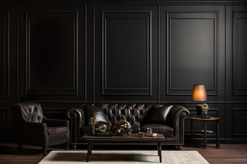 Black sofa and armchairs against of black classic paneling wall. Art deco style interior design of modern living room | Generative AI