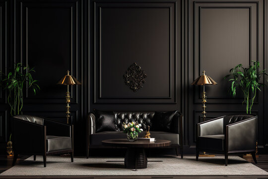 Naklejki Black sofa and armchairs against of black classic paneling wall. Art deco style interior design of modern living room   Generative AI