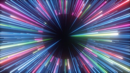 3d rendering, abstract colorful background of bright neon stars and glowing lines. Round black hole and meteor shower