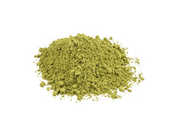 Heap of green henna powder isolated on white background