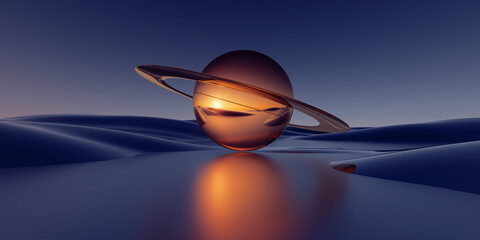 Naklejka na ściany i meble 3d render. Abstract minimal background of fantastic sunset landscape, golden glossy ball, saturn planet, hills and reflection in the water. Surreal aesthetic wallpaper