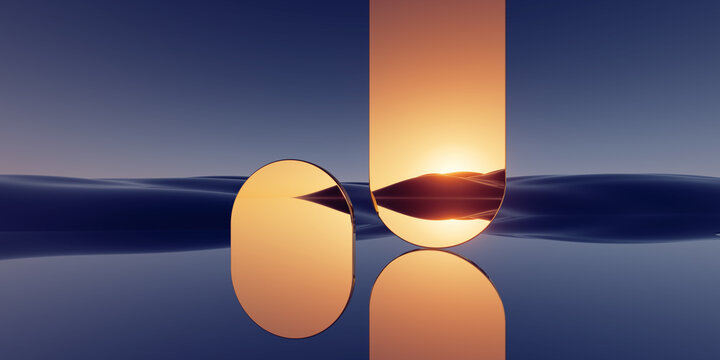 3d render, surreal panoramic background. Abstract minimal wallpaper of fantastic landscape with golden mirror arches, hills and water reflection