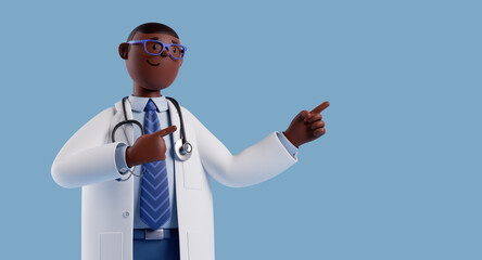3d render. African cartoon character cute man doctor with brown skin wears glasses and white coat, shows right direction with finger. Medical clip art isolated on blue background. Health care solution