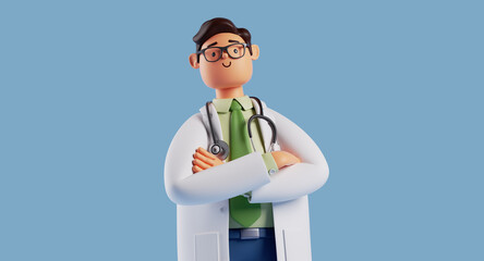3d render, cartoon character smart confident trustworthy doctor wears glasses and looks at camera. Proud professional caucasian male specialist. Medical clip art isolated on blue background