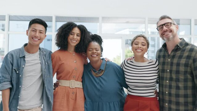 Teamwork, support and diversity with business people in office for mission, smile and community. Motivation, happy and creative with portrait of employees for friends, entrepreneur and solidarity