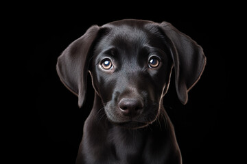 Portrait of black cute puppy dog looking at camera on black background. Copyspace,...