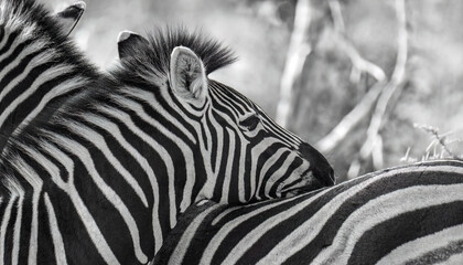 Fototapeta na wymiar A black and white shot of a small zebra with its head on mother's back