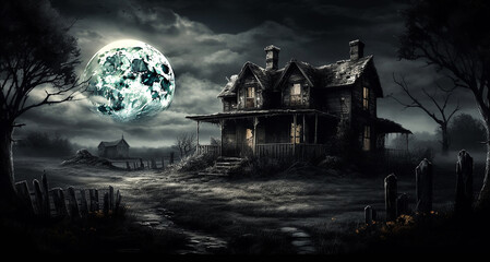 haunted old mansion spooky Halloween scene - obrazy, fototapety, plakaty