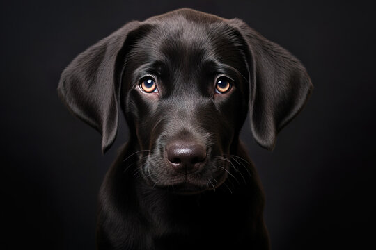 Portrait of black cute puppy dog looking at camera on black background. Copyspace, pet,animals,dogs,puppy concept | Generative AI