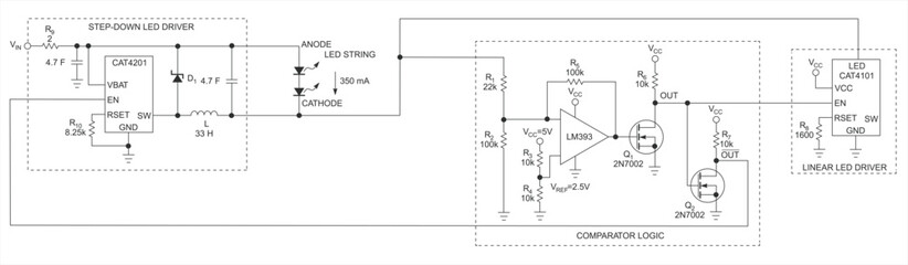 Engineer scheme of electronic device. 
Vector drawing electrical circuit with 
diode, operational amplifier, inductor, led driver,
and other components.
Schematic background on white paper sheet.