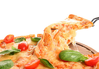 Board with tasty pizza margarita on white background